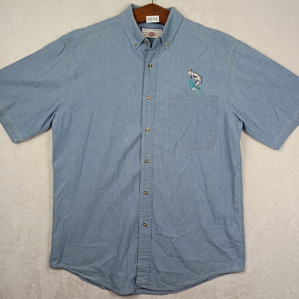Penn Reels Button Down Fishing Shirt Men Large Chambray Fish Embroidered Outdoor